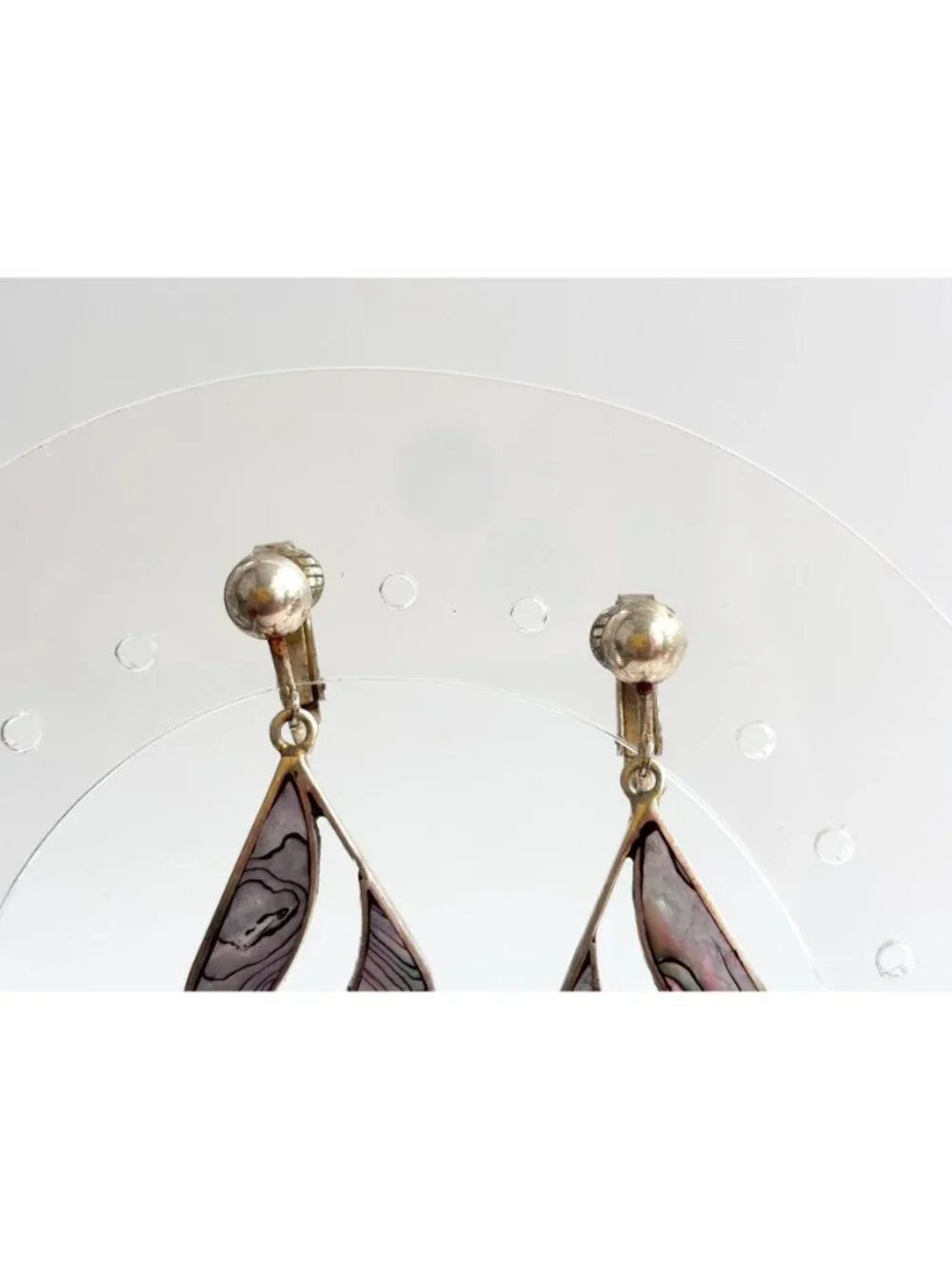 Abalone Inlaid Teardrop Clip On Alpaca Silver Plated Drop Southwest Earrings